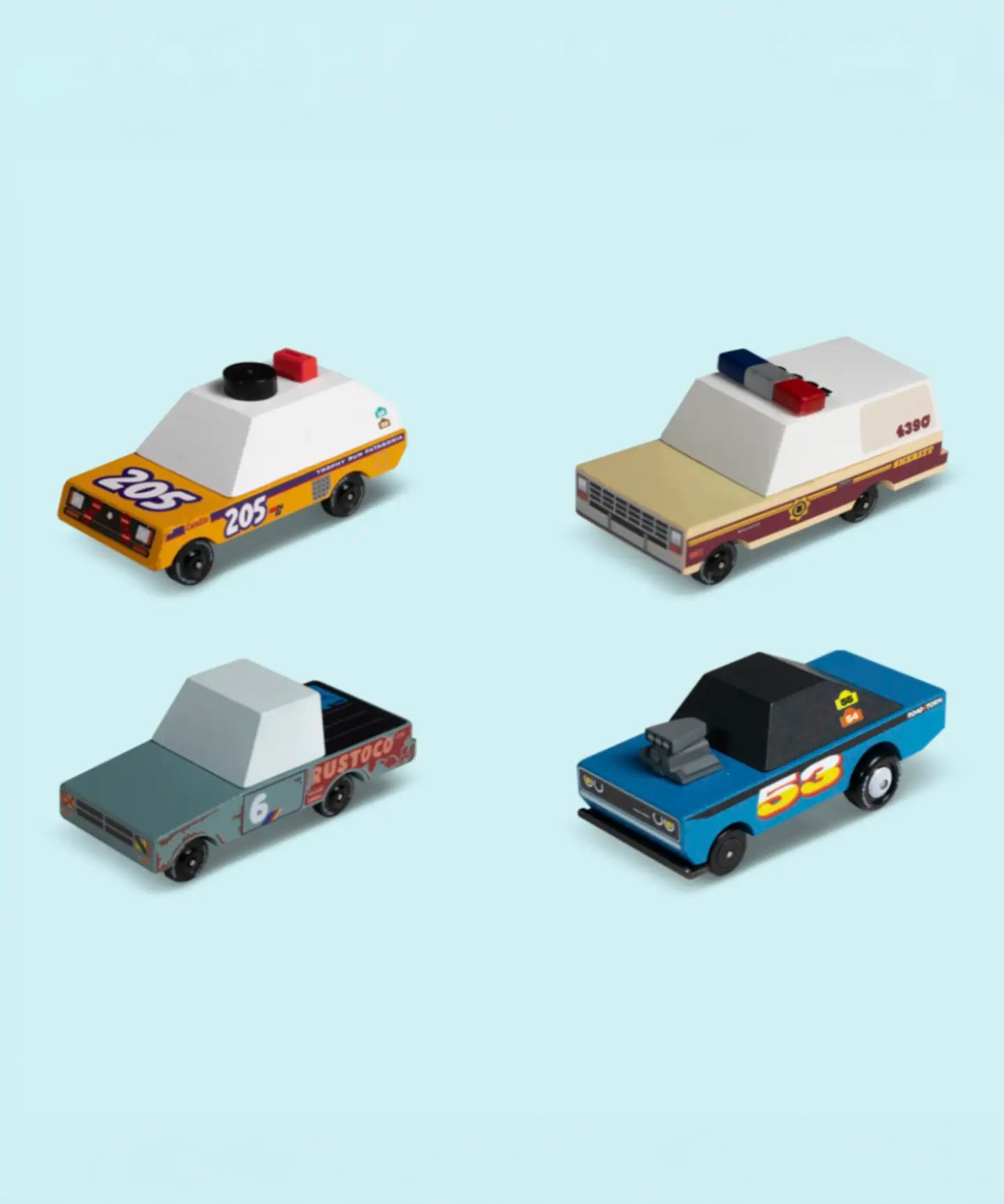 4 wooden diecast sturdy Candylab toon cars from the rust patrol set