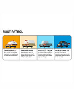 Graphic showing each Candylab toon cars and brief description included in the rust patrol pack 