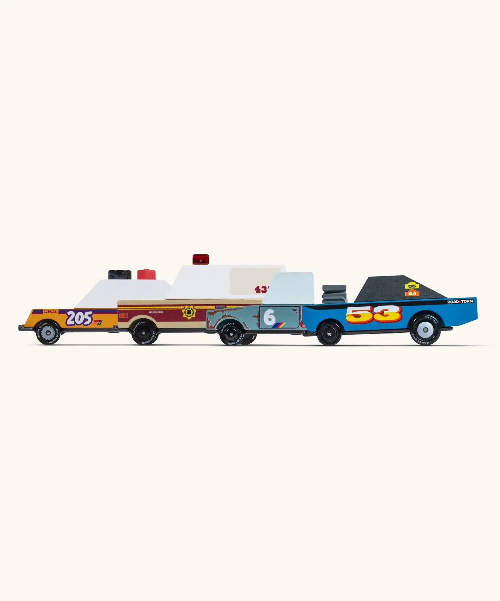 4 wooden diecast sturdy Candylab toon cars from the rust patrol set showing their colourful designs