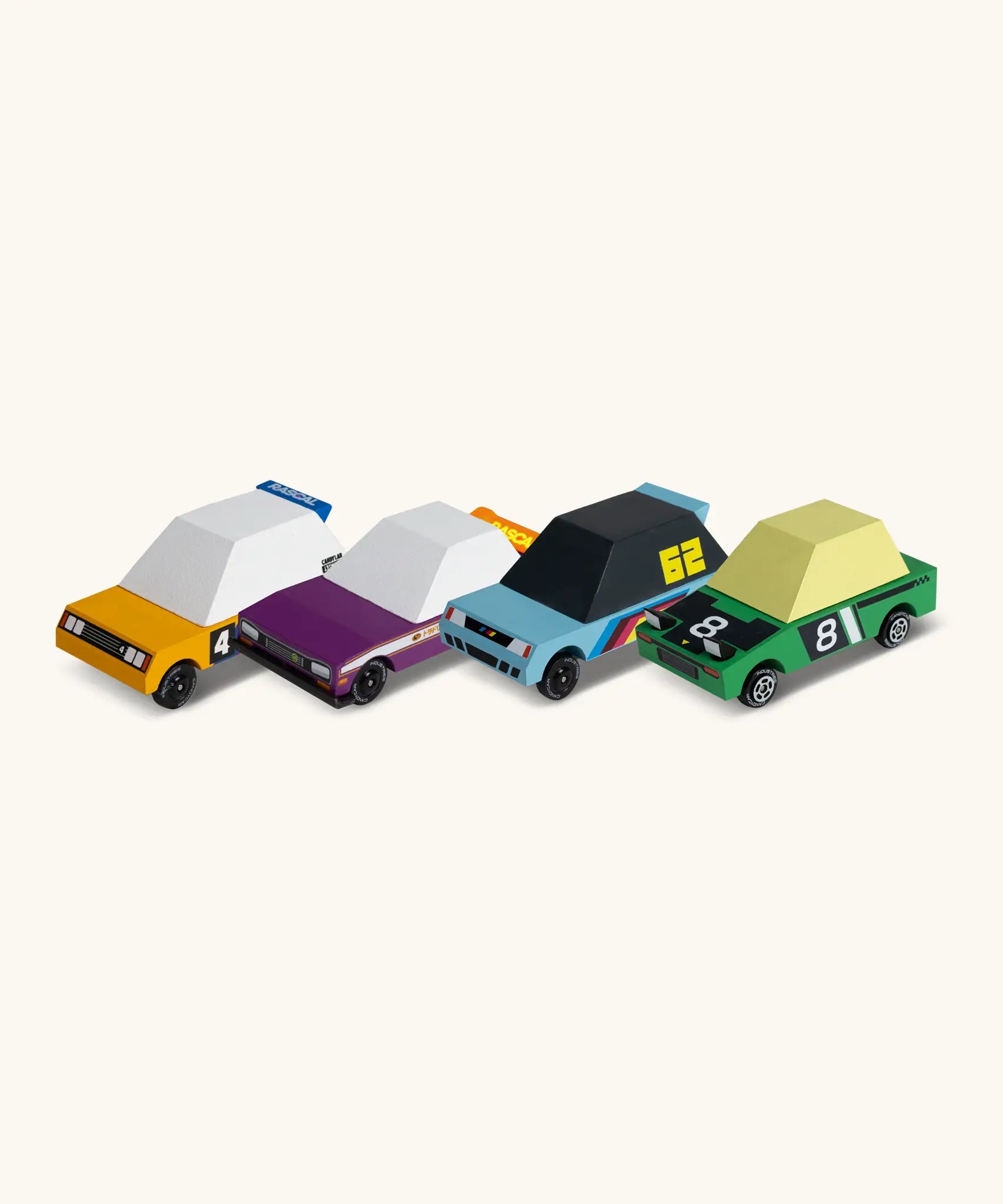 Candylab Tokyo heat toon wooden diecast racing toy car 4 pack showing their colourful designs