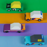 Candylab Tokyo hear racing toon wooden diecast cars 4 pack on coloured background
