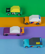 Candylab Tokyo hear racing toon wooden diecast cars 4 pack on coloured background