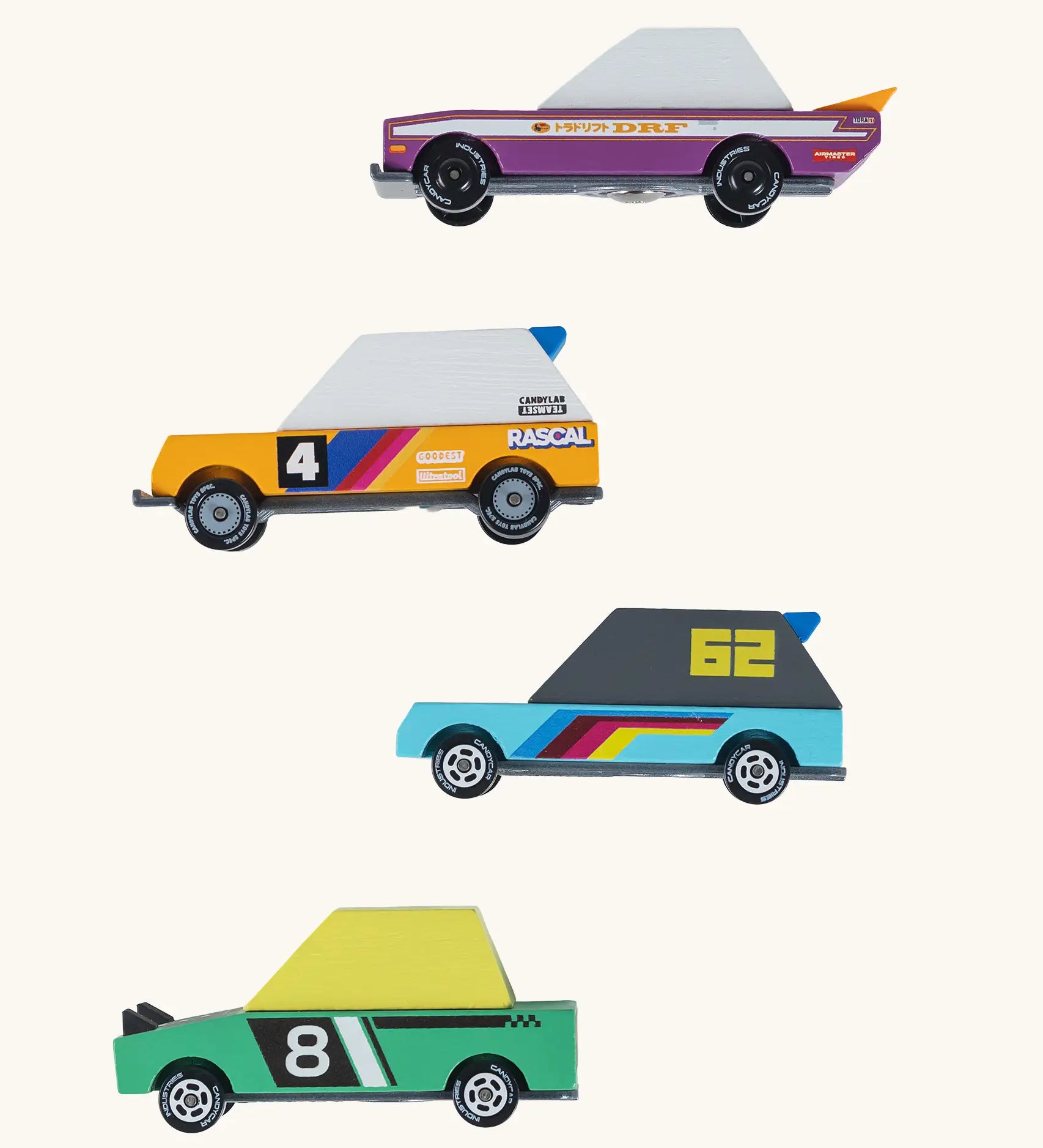Candylab Tokyo heat toon cars. A 4 pack of sturdy wooden diecast racing cars with colourful designs