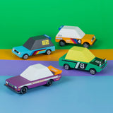 4 Candylab Tokyo heat toon wooden diecast racing toy cars parked against a coloured background