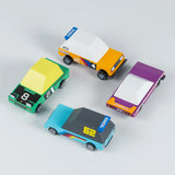 4 Candylab Tokyo heat toon wooden diecast racing toy cars parked in a circle