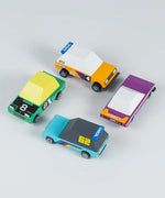4 Candylab Tokyo heat toon wooden diecast racing toy cars parked in a circle