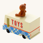 CandyLab cream and blue CandyVan with a brown teddy bear on the roof with Toys text logo in red on the side - back detail view.