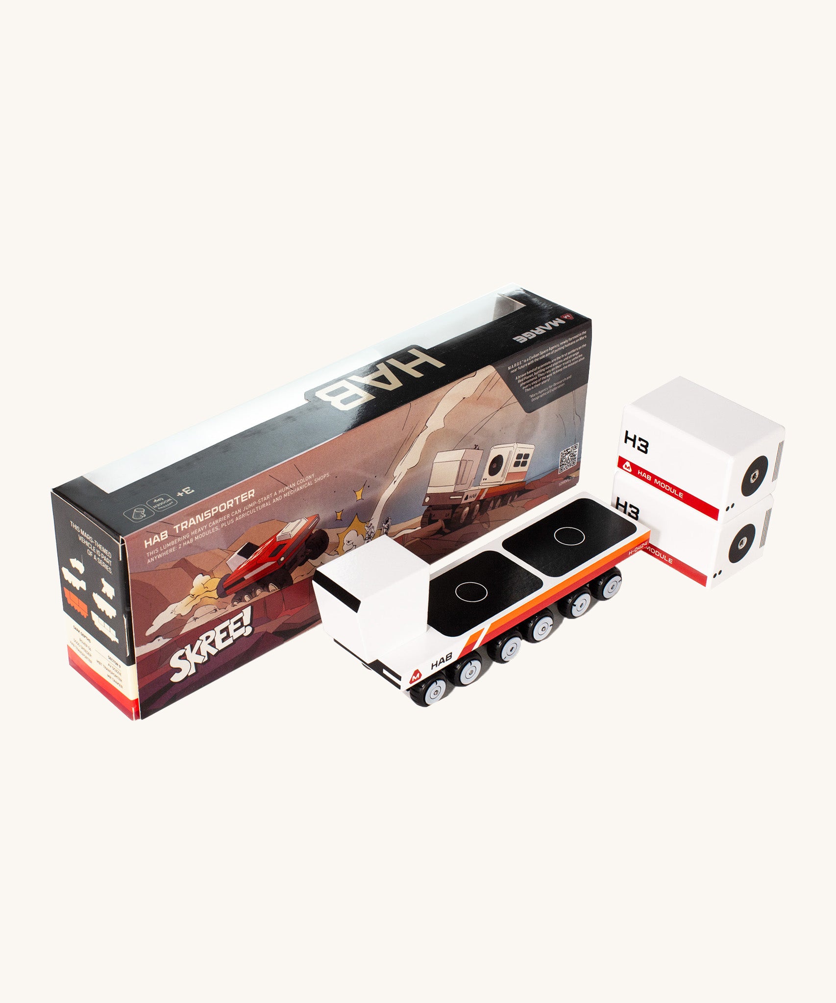 CandyLab HAB Transporter space vehicle with transporter containers next to the original cardboard box packaging