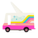 The Candyvan Unicorn 2.0 Van with colourful stripes and a Unicorn horn topper, on a white background