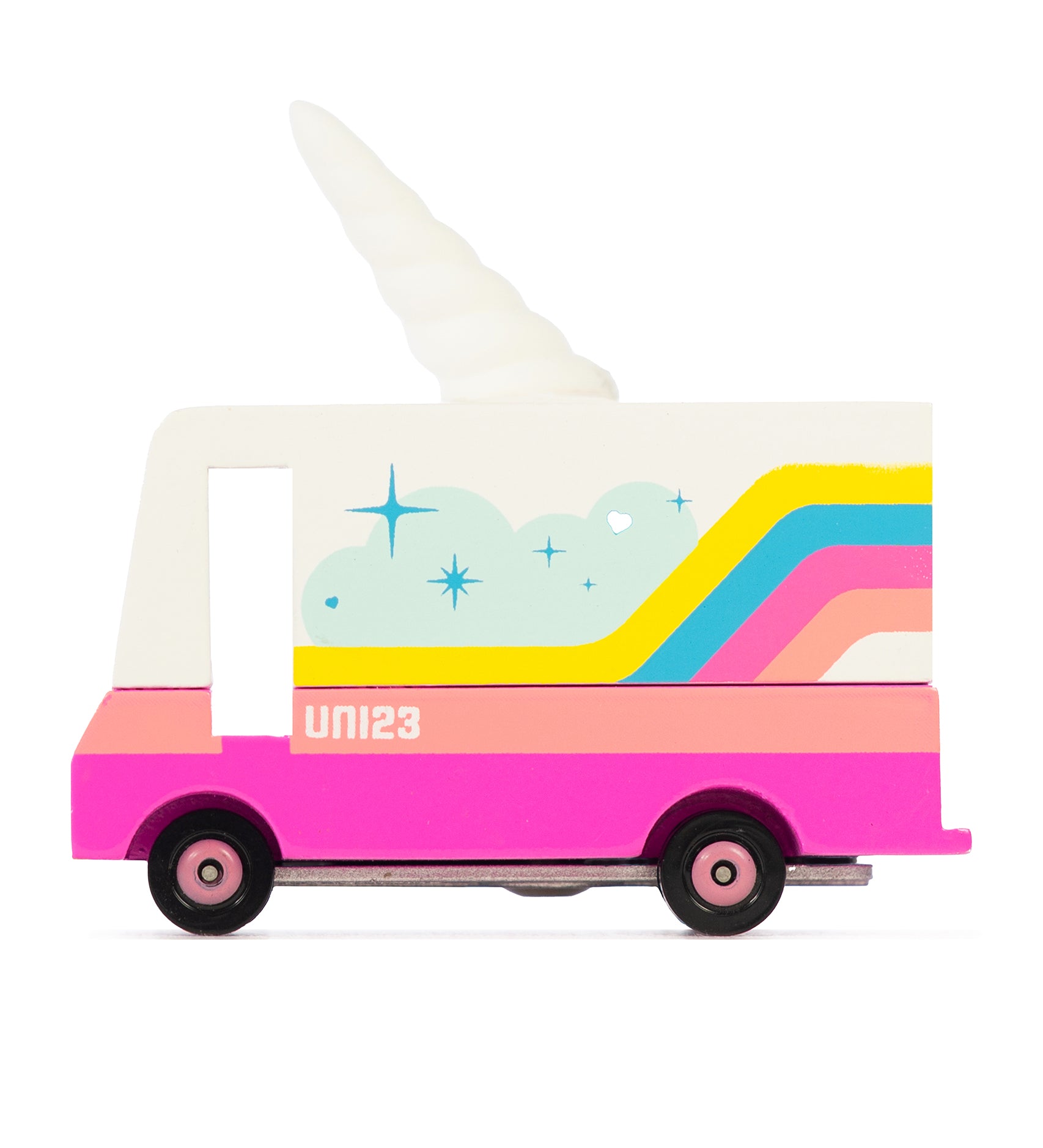 The Candyvan Unicorn 2.0 Van with colourful stripes and a Unicorn horn topper, on a white background
