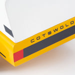 Close up of the Cotswold badge on the back of the Candylab yellow suv toy car