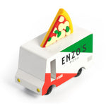 Candylab wooden pizza truck toy with a miniature pizza slice on top