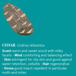 Infographic showing the main benefits of Cedar Atlas essential oil.