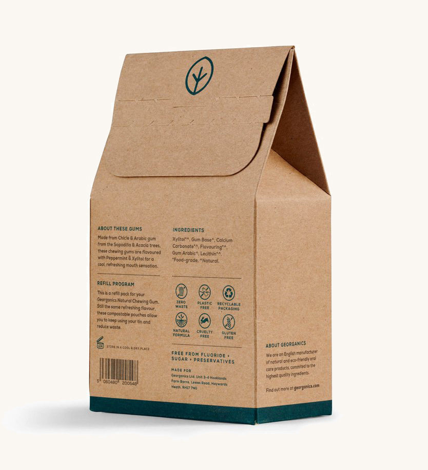 The back of the Georganics cardboard pouch of refill chewing gums