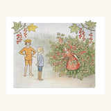 Page from Christopher's Garden by Elsa Beskow children's book showing a illustration of children standing next to a berry bush 