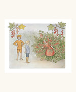 Page from Christopher's Garden by Elsa Beskow children's book showing a illustration of children standing next to a berry bush 