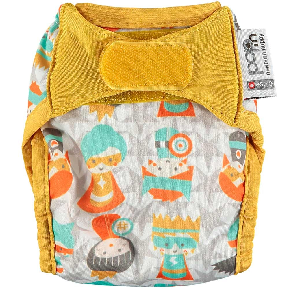 The Close Parent Pop-in reusable nappy wrap cover with velcro closures, in a Bliss Superhero print