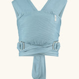 Close Caboo Lite Baby Carrier in Denim front view, showing wide shoulder straps, ring adjustment, and soft front panel.