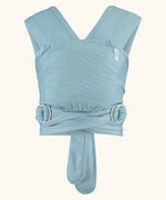 Close Caboo Lite Baby Carrier in Denim front view, showing wide shoulder straps, ring adjustment, and soft front panel.