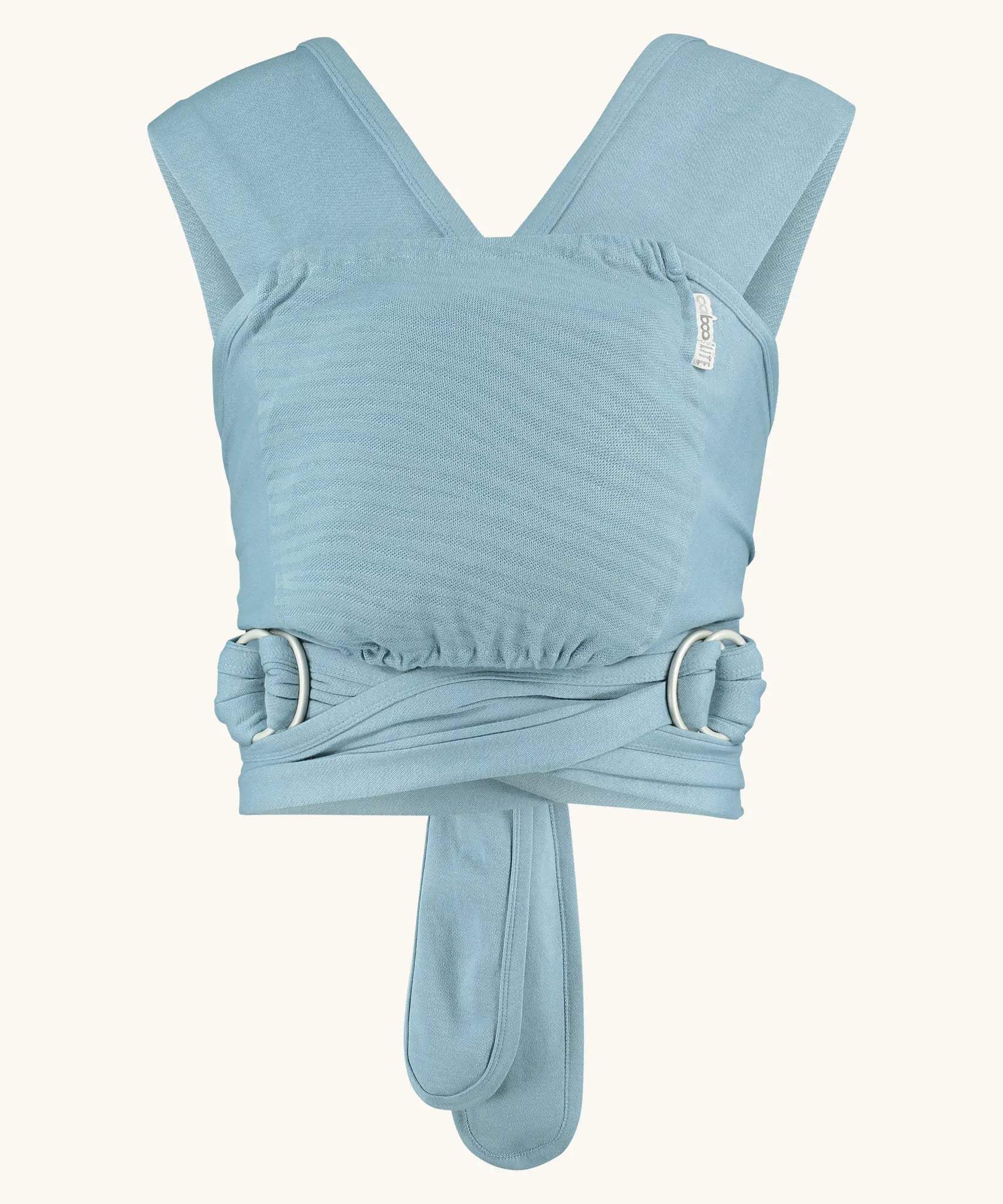Close Caboo Lite Baby Carrier in Denim front view, showing wide shoulder straps, ring adjustment, and soft front panel.