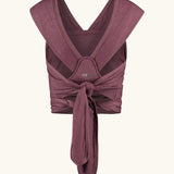 Close Caboo cotton blend Baby Carrier in burgundy back view, showing wide shoulder straps and tie waist adjustment strap