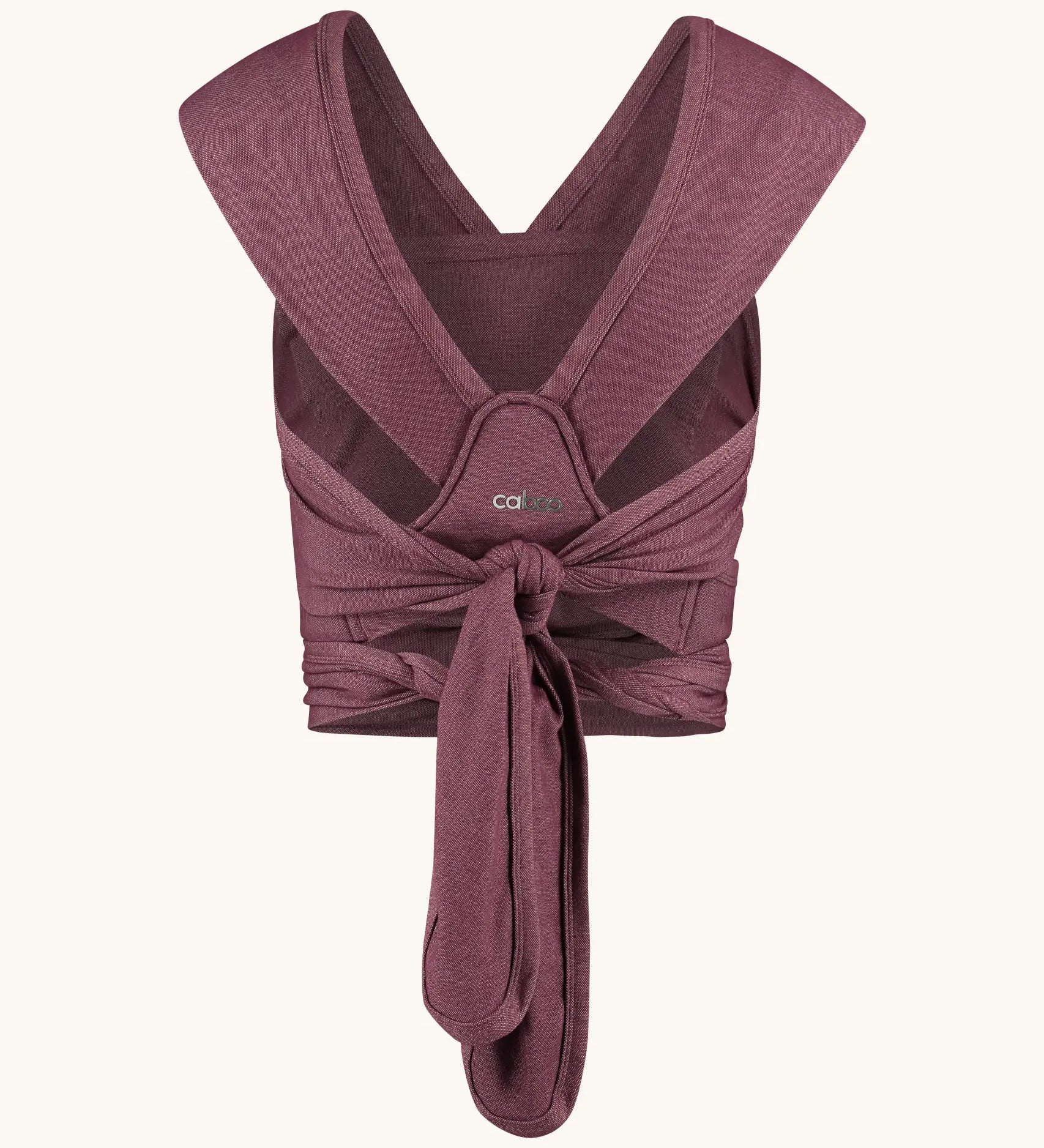 Close Caboo cotton blend Baby Carrier in burgundy back view, showing wide shoulder straps and tie waist adjustment strap