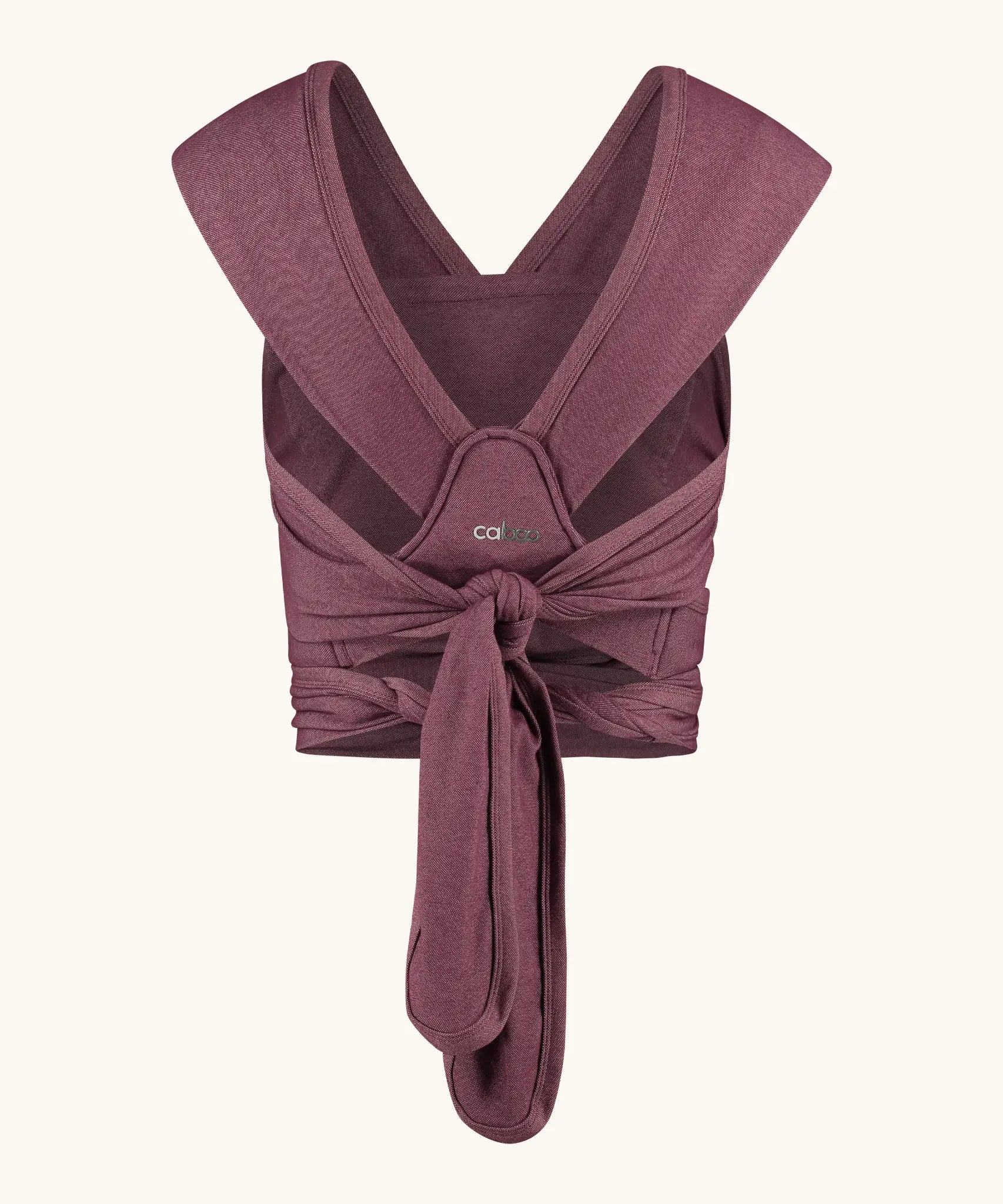 Close Caboo cotton blend Baby Carrier in burgundy back view, showing wide shoulder straps and tie waist adjustment strap