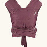 Close Caboo cotton blend Baby Carrier in burgundy front view, showing wide shoulder straps, ring adjustment, and soft front panel.