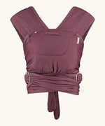 Close Caboo cotton blend Baby Carrier in burgundy front view, showing wide shoulder straps, ring adjustment, and soft front panel.