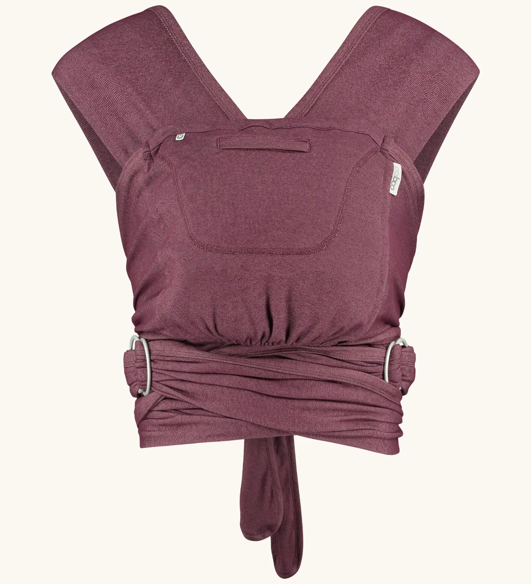 Close Caboo cotton blend Baby Carrier in burgundy front view, showing wide shoulder straps, ring adjustment, and soft front panel.