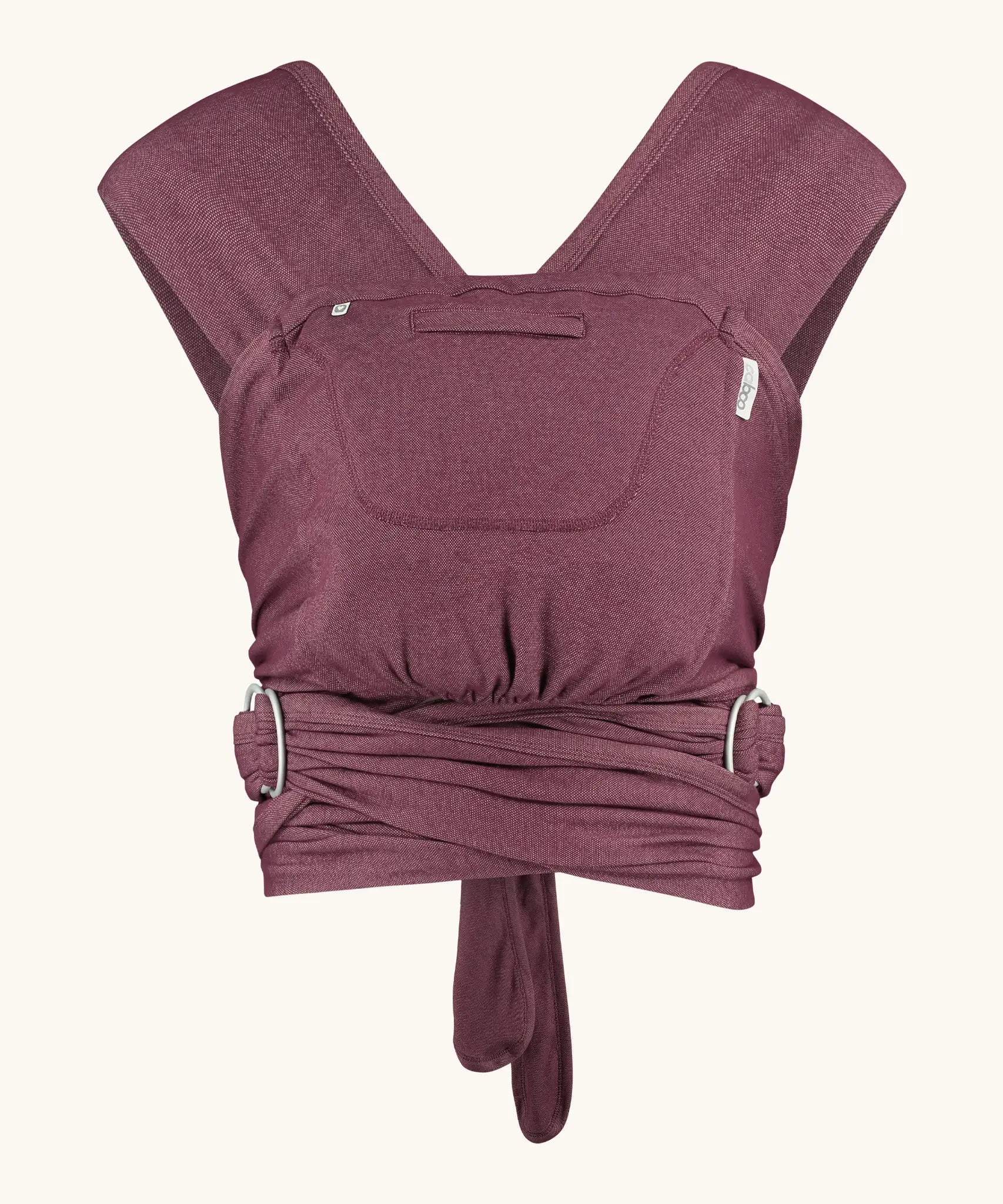 Close Caboo cotton blend Baby Carrier in burgundy front view, showing wide shoulder straps, ring adjustment, and soft front panel.