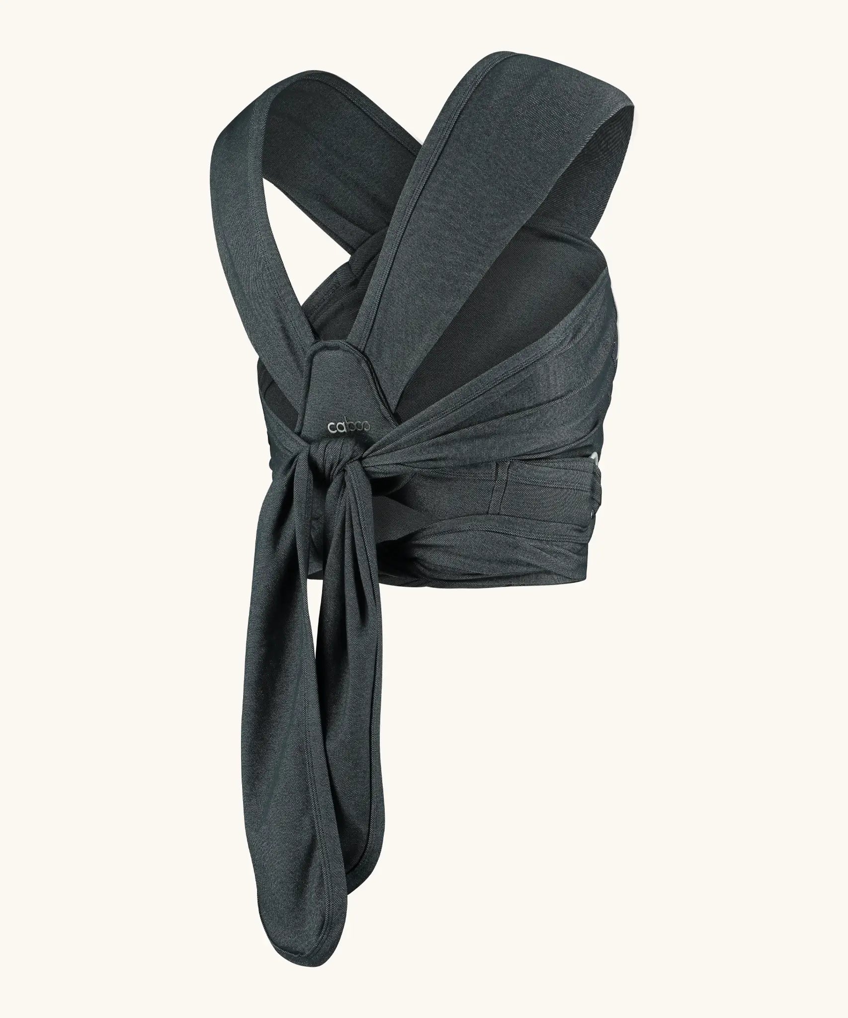 Close Caboo cotton blend Baby Carrier in phantom back view, showing wide shoulder straps and tie waist adjustment strap 