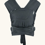 Close Caboo cotton blend Baby Carrier in phantom front view, showing wide shoulder straps, ring adjustment, and soft front panel.