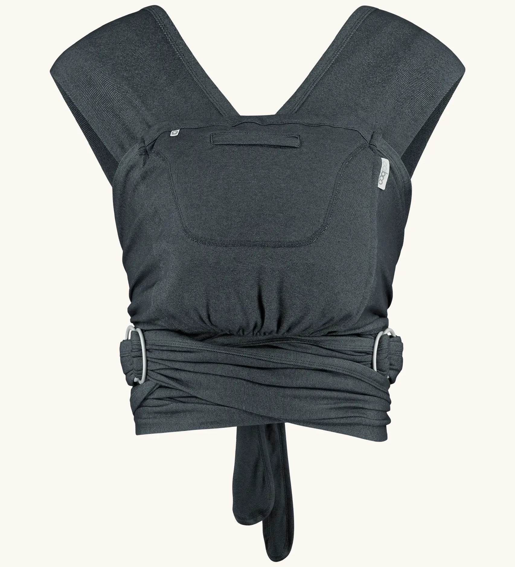 Close Caboo cotton blend Baby Carrier in phantom front view, showing wide shoulder straps, ring adjustment, and soft front panel.
