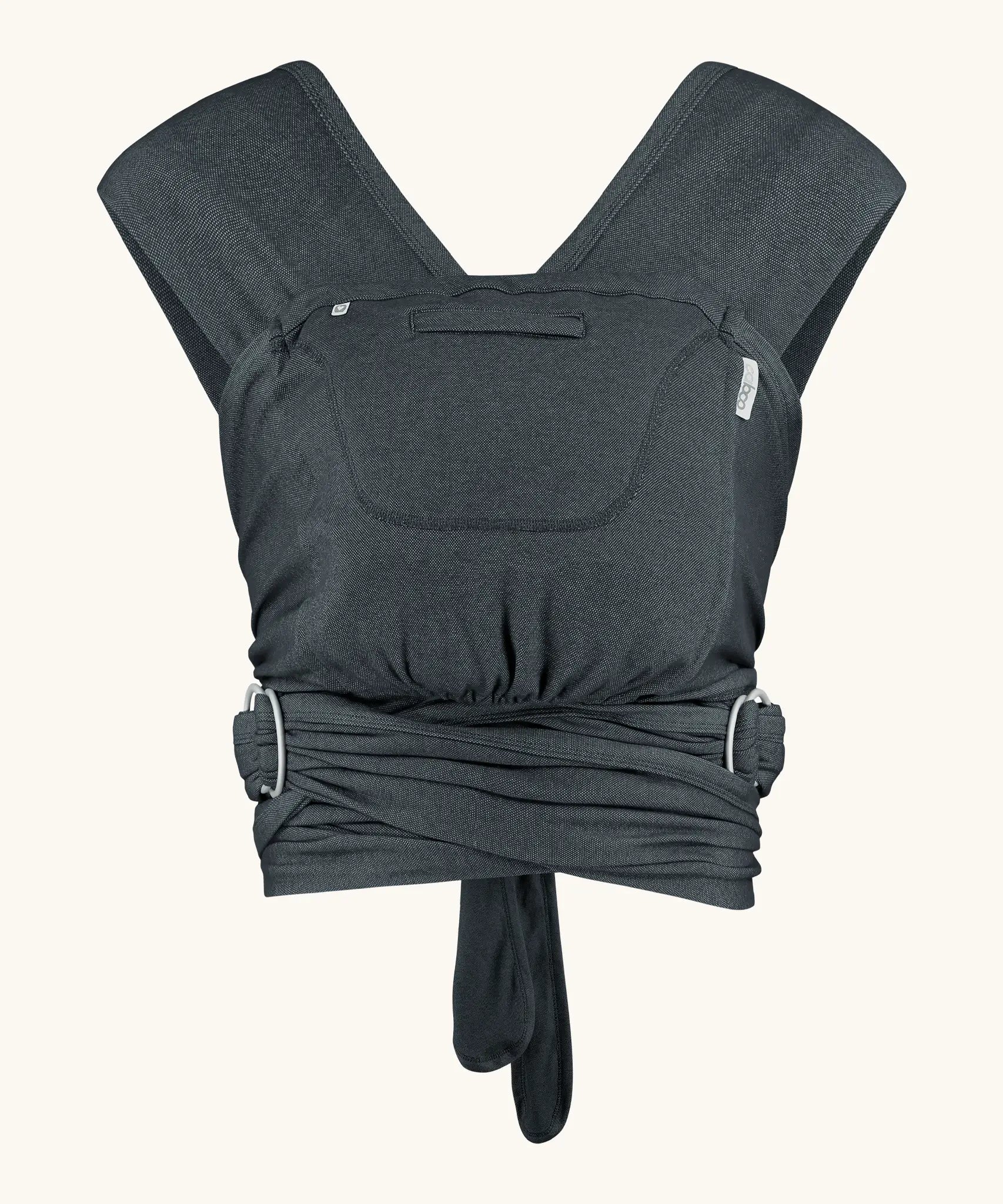 Close Caboo cotton blend Baby Carrier in phantom front view, showing wide shoulder straps, ring adjustment, and soft front panel.