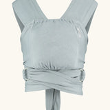 Close Caboo Lite Baby Carrier in Alloy front view, showing wide shoulder straps, ring adjustment, and soft front panel.