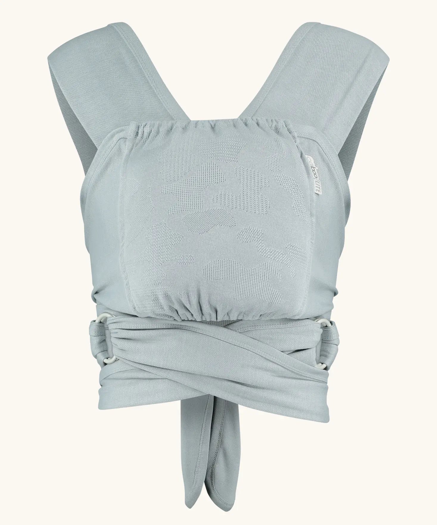 Close Caboo Lite Baby Carrier in Alloy front view, showing wide shoulder straps, ring adjustment, and soft front panel.