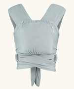 Close Caboo Lite Baby Carrier in Alloy front view, showing wide shoulder straps, ring adjustment, and soft front panel.