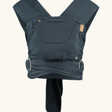 Close Caboo Organic Baby Carrier in blueberry front view, showing wide shoulder straps, ring adjustment, and soft front panel.