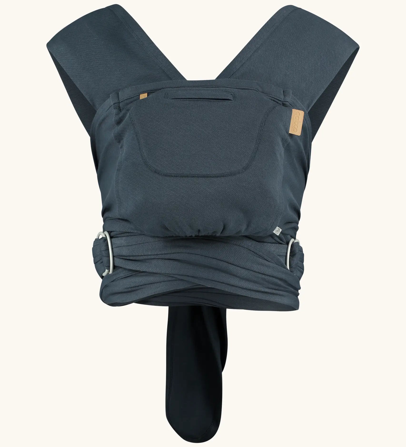 Close Caboo Organic Baby Carrier in blueberry front view, showing wide shoulder straps, ring adjustment, and soft front panel.