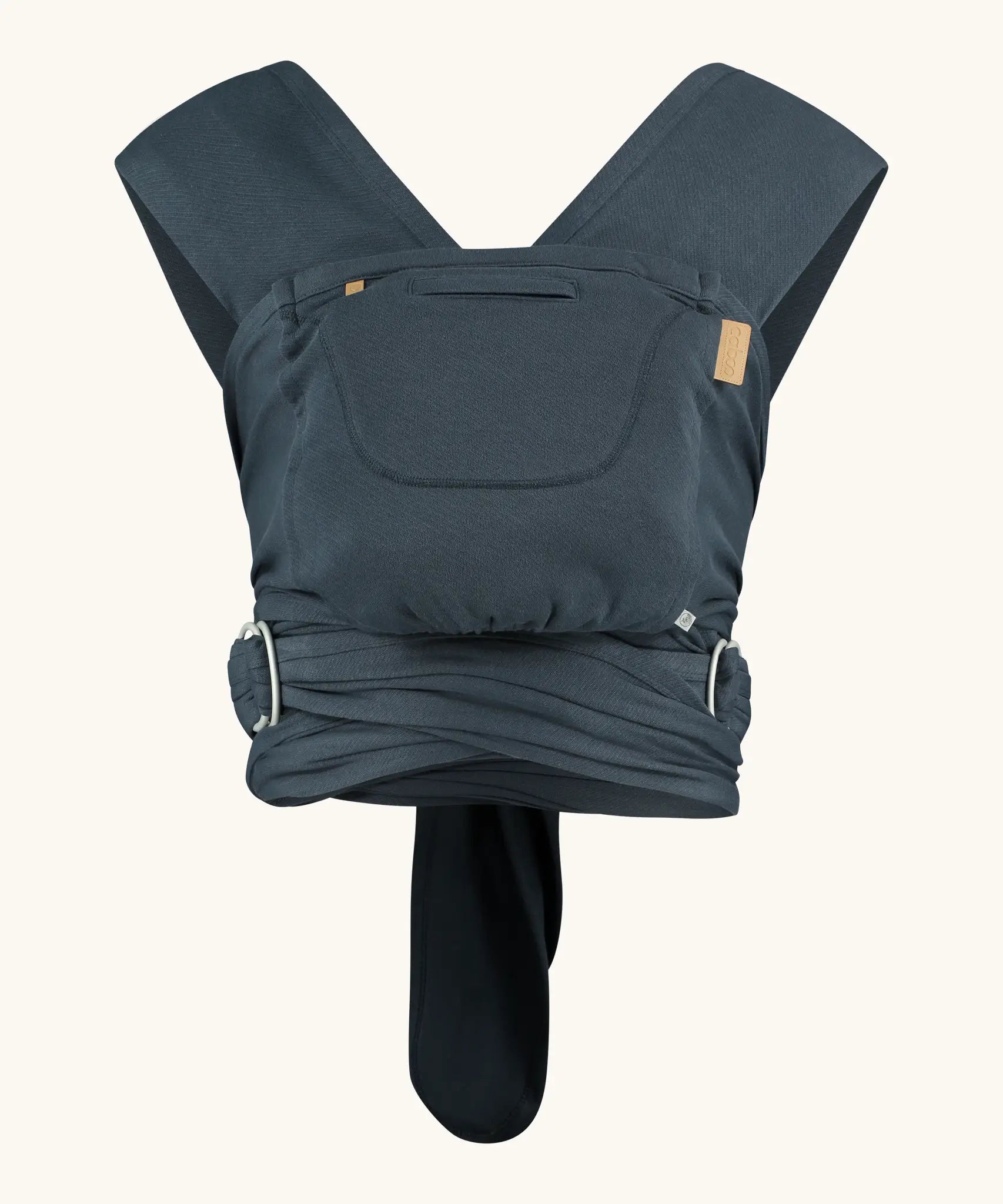 Close Caboo Organic Baby Carrier in blueberry front view, showing wide shoulder straps, ring adjustment, and soft front panel.