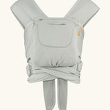 Close Caboo Organic Baby Carrier in porpoise front view, showing wide shoulder straps, ring adjustment, and soft front panel.