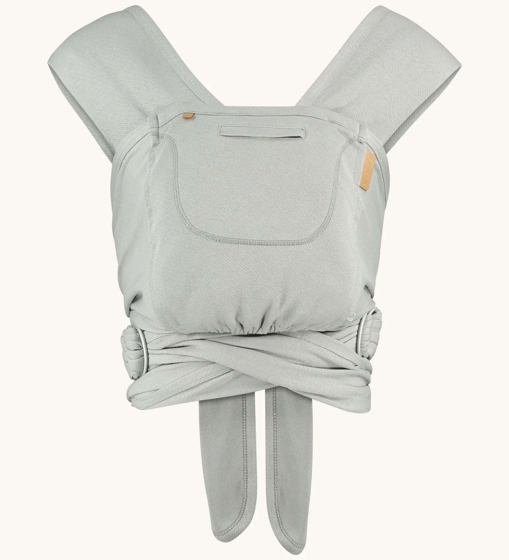 Close Caboo Organic Baby Carrier in porpoise front view, showing wide shoulder straps, ring adjustment, and soft front panel.