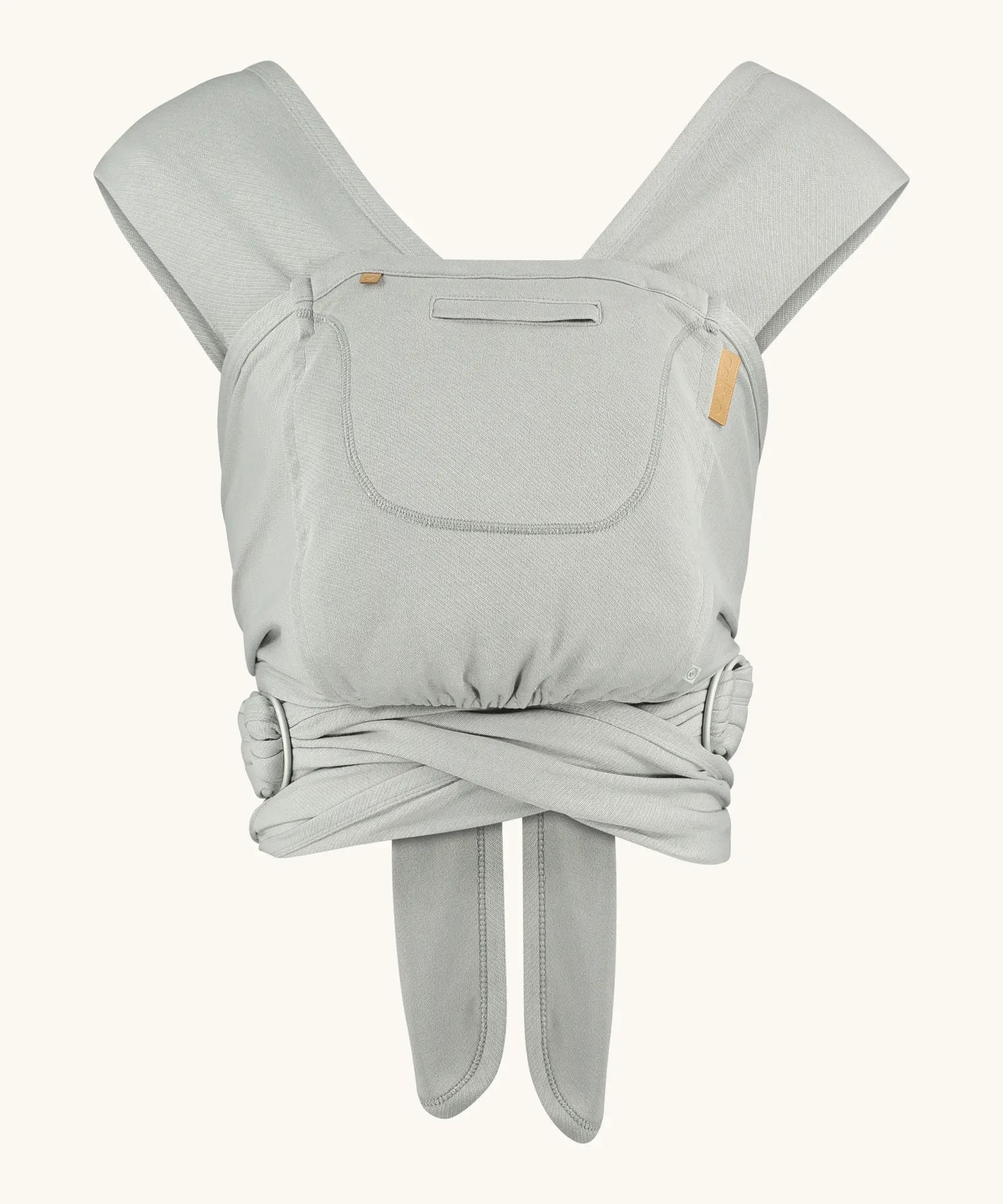 Close Caboo Organic Baby Carrier in porpoise front view, showing wide shoulder straps, ring adjustment, and soft front panel.