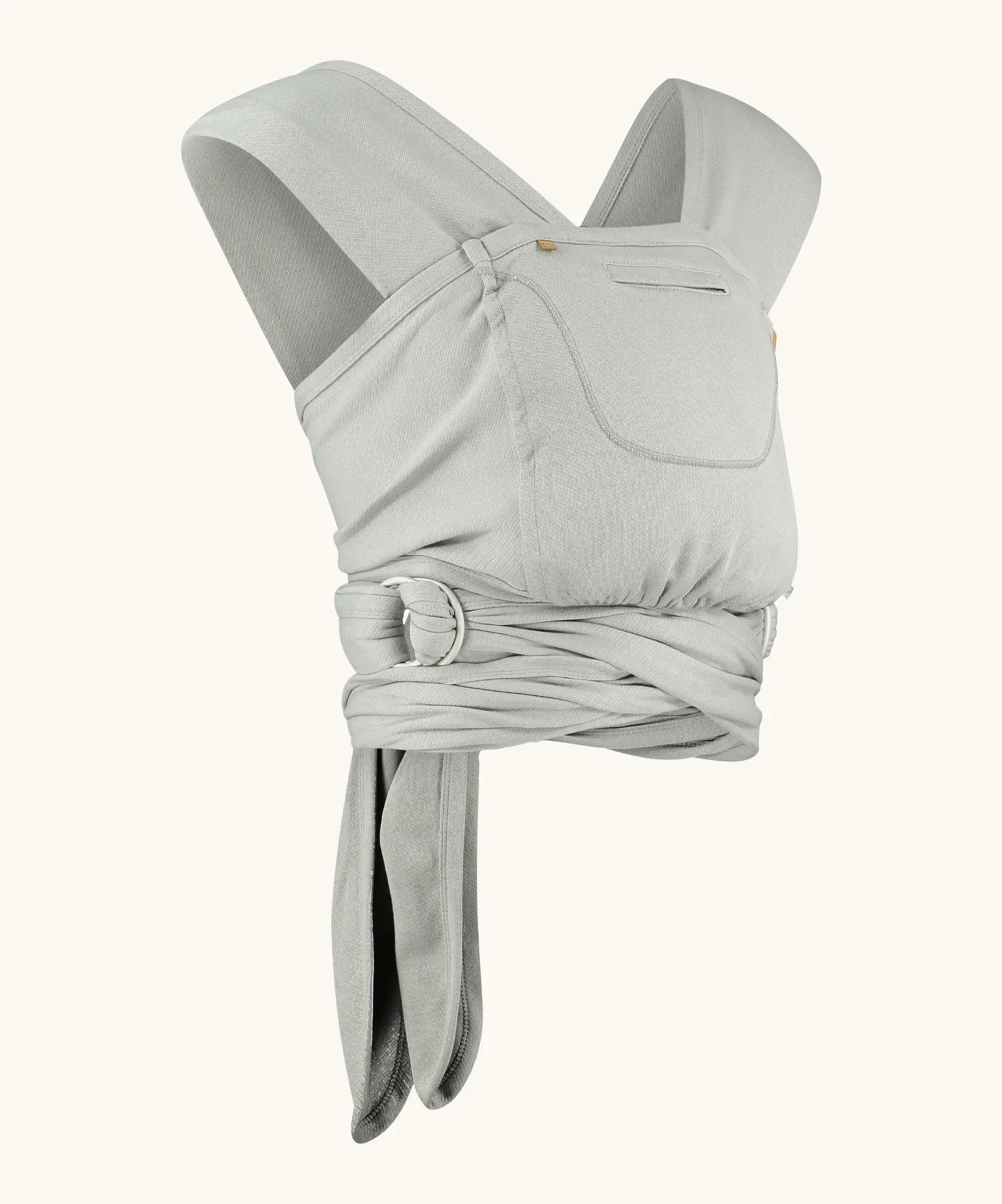 Close Caboo Organic Baby Carrier in porpoise side view, showing wide shoulder straps, ring adjustment, and soft front panel.