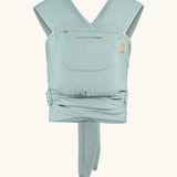 Close Caboo Organic Baby Carrier in sage front view, showing wide shoulder straps, ring adjustment, and soft front panel.