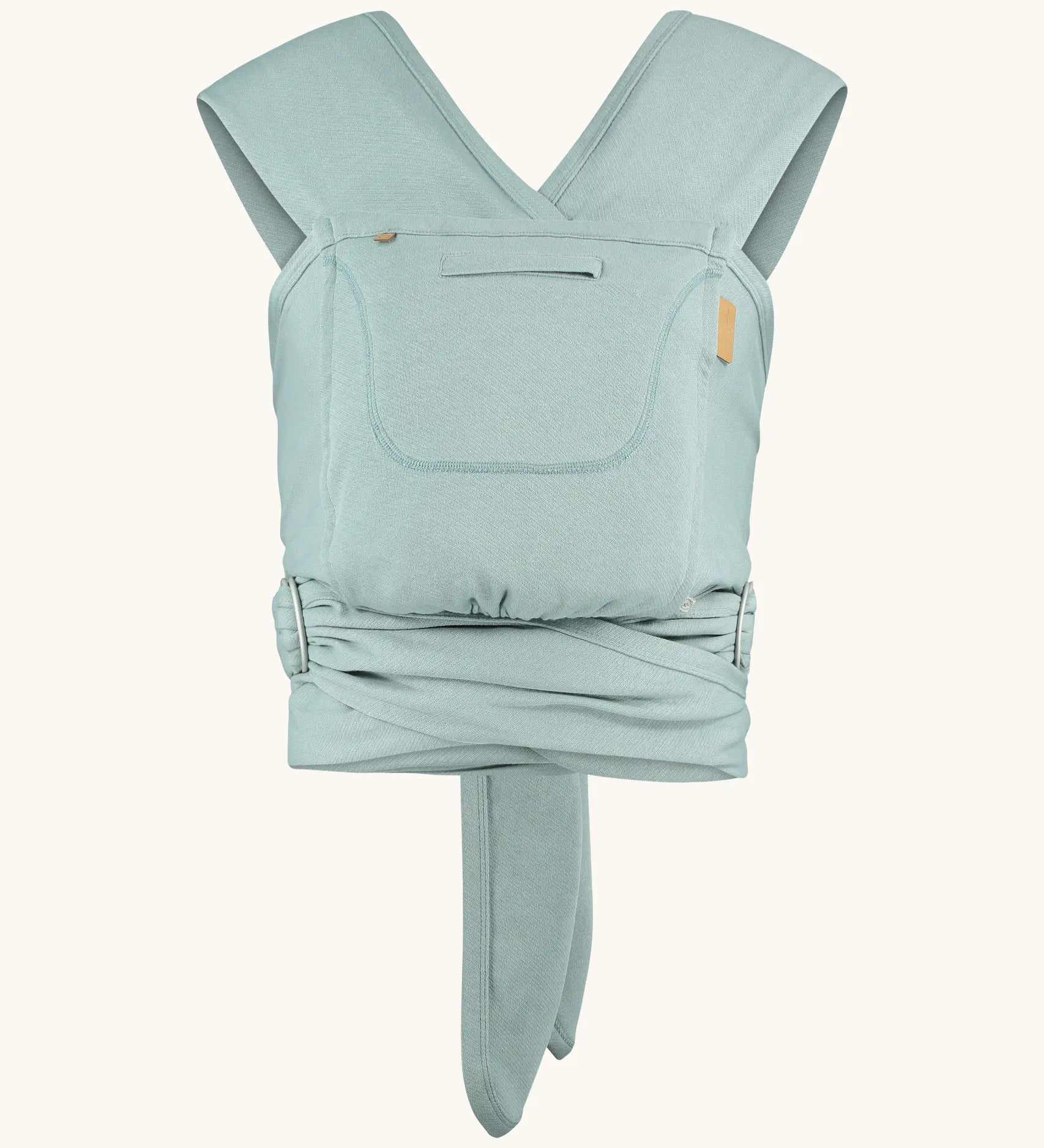 Close Caboo Organic Baby Carrier in sage front view, showing wide shoulder straps, ring adjustment, and soft front panel.