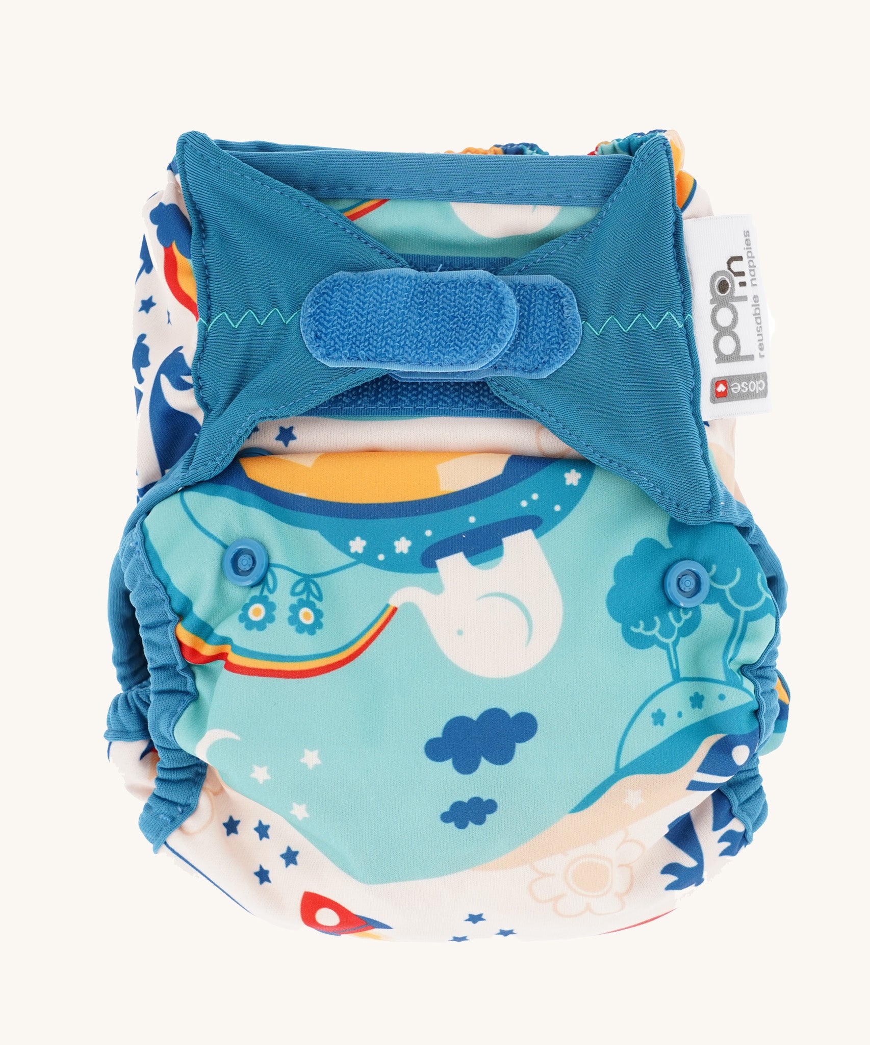 The Close Pop-In x Babipur exclusive reusable nappy wrap, in a Babipur World print