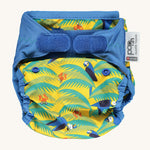 The Close Parent Pop-in reusable nappy wrap cover with velcro closures, in a parrot print.
