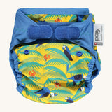 The Close Parent Pop-in reusable nappy wrap cover with velcro closures, in a parrot print.